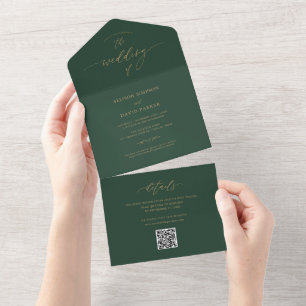 Elegant Emerald Green And Gold QR Wedding All In One Invitation