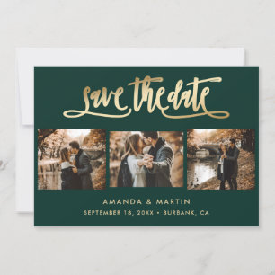 Elegant Emerald Green and Gold Wedding 3 Photo Save The Date