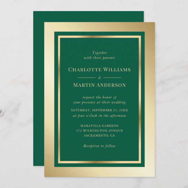 Elegant Emerald Green and Gold Wedding Invitation (Front/Back)