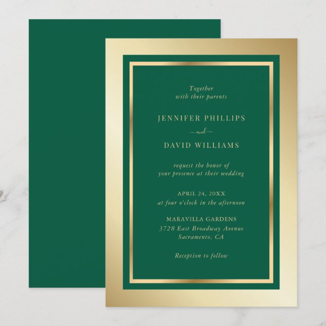 Elegant Emerald Green and Gold Wedding Invitation (Front/Back)