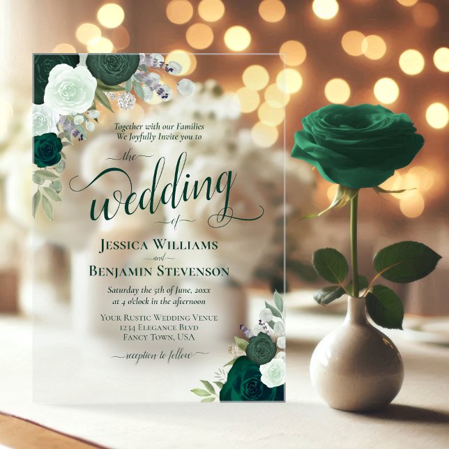 Elegant Emerald Green Boho Roses Fancy Wedding Acrylic Invitations (Clear Acrylic with Rectangle Cut)