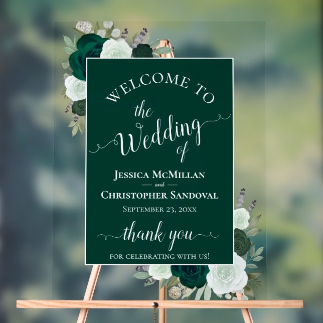 Elegant Emerald Green Boho Roses Wedding Welcome Acrylic Sign (Neutral)