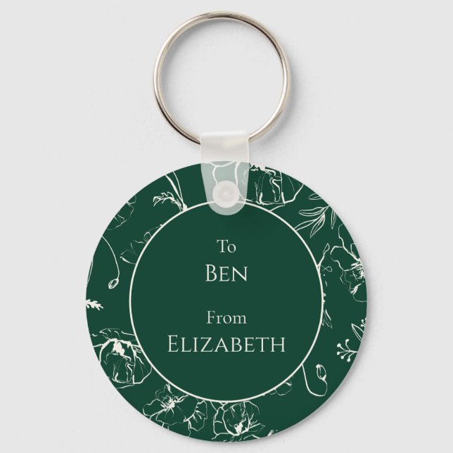 Elegant Emerald Green Botanical Holiday Gift Key Ring (Front)