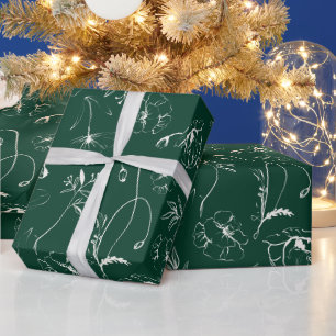 Elegant Emerald Green Botanical Line Art Wrapping Paper