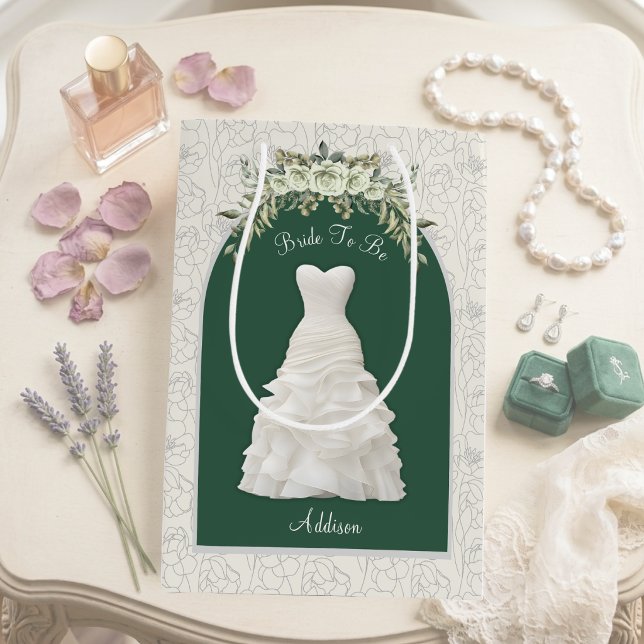 Elegant Emerald Green Bride To Be Medium Gift Bag (Elegant emerald green Bride to Be gift bag personalized luxury wedding wrap with custom name)