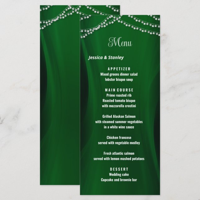  Elegant emerald Green christmas wedding Menu (Front/Back)