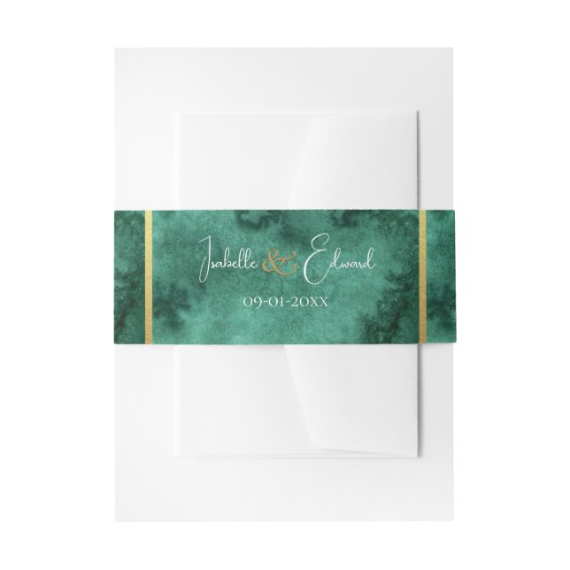 Elegant Emerald Green Colour Wash & Gold Wedding Invitation Belly Band (Front Example)