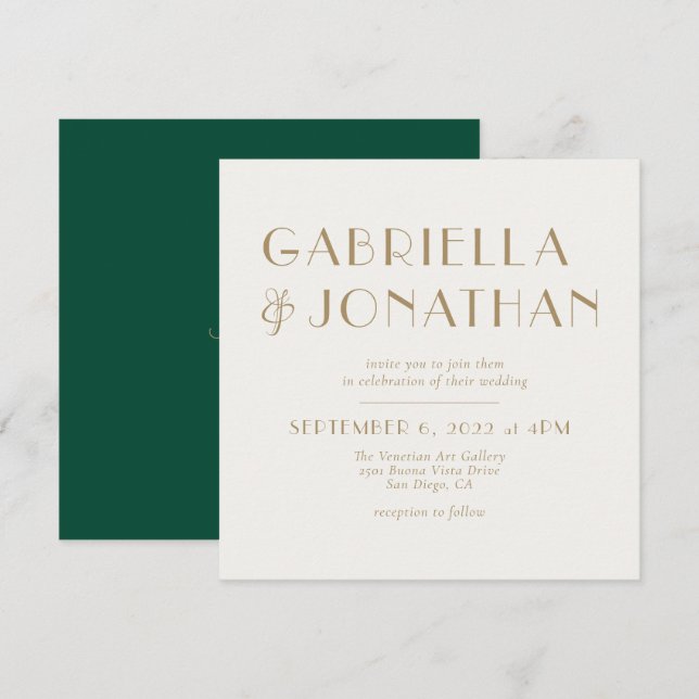Elegant Emerald Green Cream Gold Wedding Invitation (Front/Back)