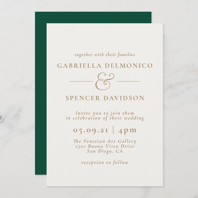 Elegant Emerald Green Cream Wedding Invitation (Front/Back)