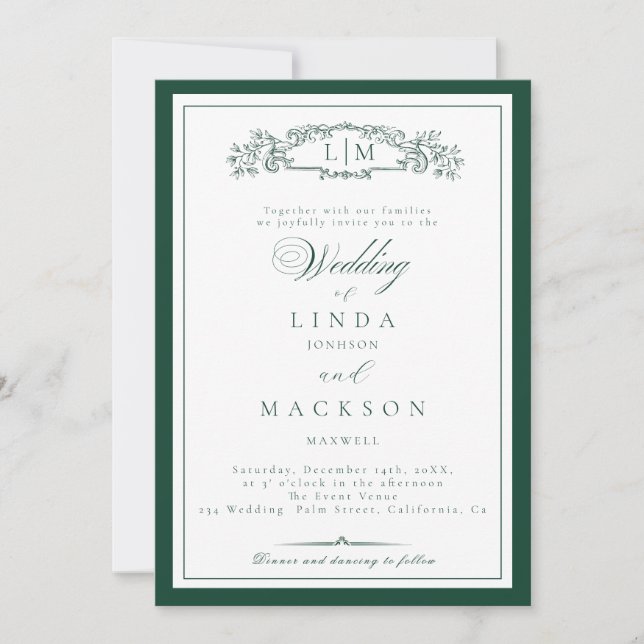 Elegant Emerald Green  Crest Monogram Wedding   In Invitation (Front)