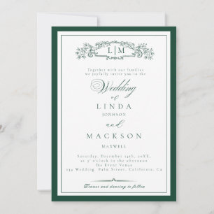 Elegant Emerald Green Crest Monogram Wedding In Invitation