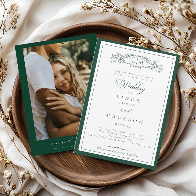 Elegant Emerald Green  Crest Monogram Wedding   In Invitation (Creator Uploaded)