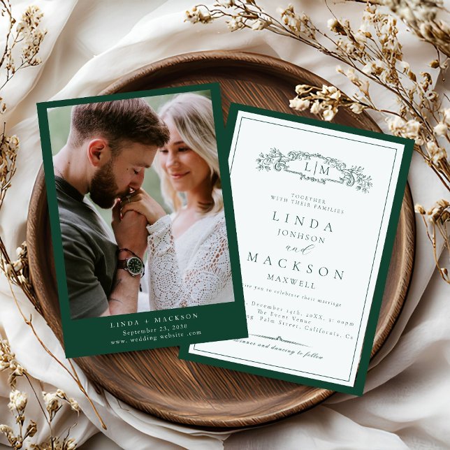 Elegant Emerald Green  Crest Monogram Wedding   Invitation (Creator Uploaded)