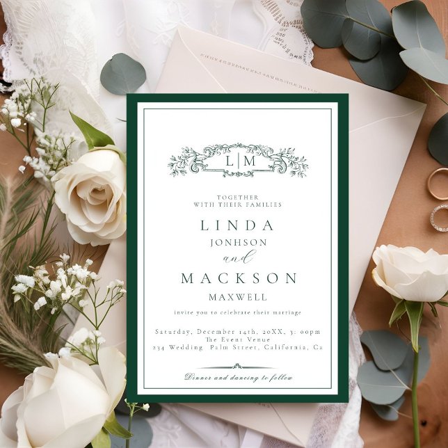 Elegant Emerald Green  Crest Monogram Wedding   Invitation (Creator Uploaded)