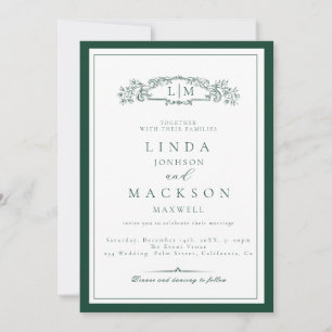 Elegant Emerald Green Crest Monogram Wedding Invitation