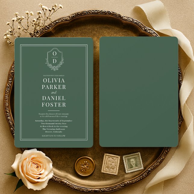 Elegant Emerald Green Crest Wedding Invitation (Creator Uploaded)