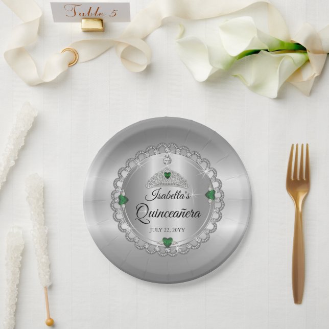 Elegant Emerald Green | Diamond Crown Quinceañera  Paper Plate (Wedding)