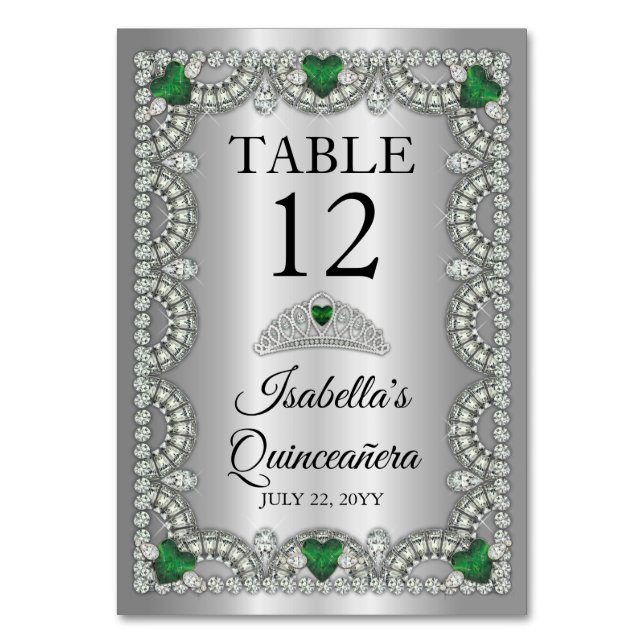 Elegant Emerald Green | Diamond Crown Quinceañera Table Number (Front)