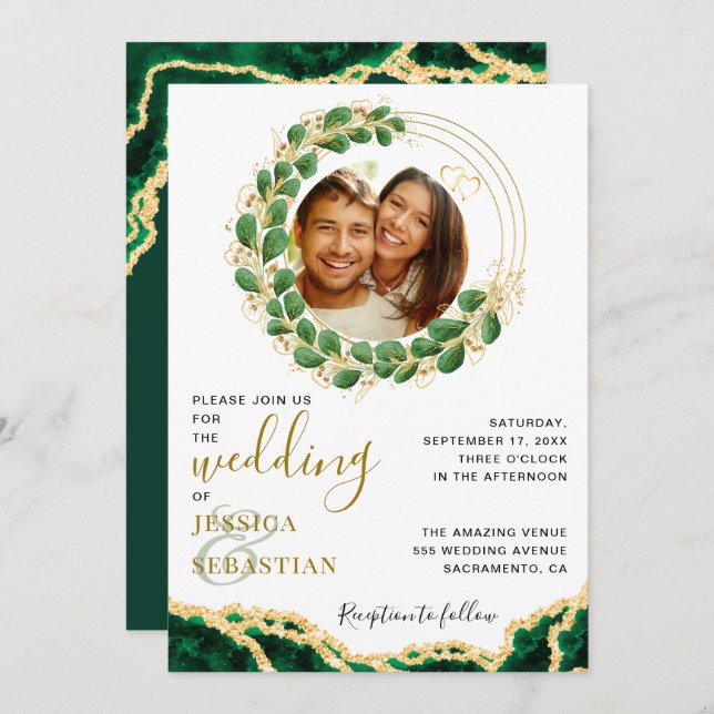 Elegant Emerald Green Eucalyptus Agate Wedding Invitation (Front/Back)