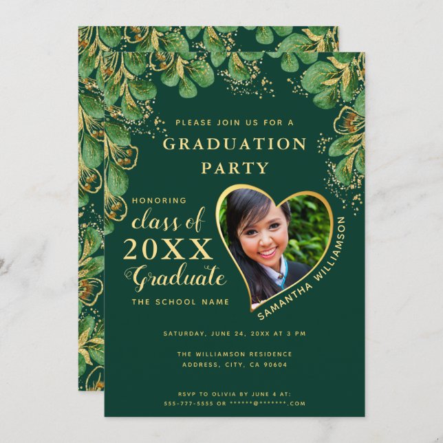 Elegant Emerald Green Floral 2025 Photo Graduation Invitation (Front/Back)