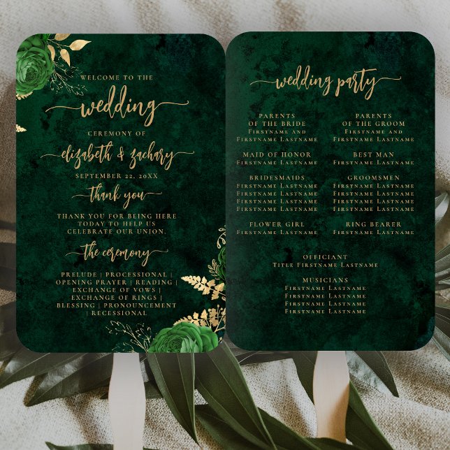 Elegant Emerald Green Floral Agate Wedding Program Hand Fan (Creator Uploaded)