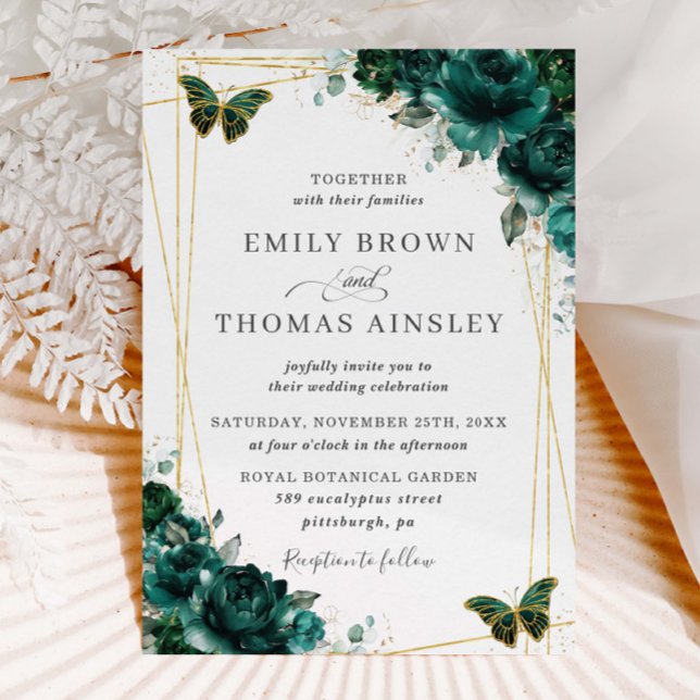 Elegant Emerald Green Floral Butterflies Wedding Invitation (Creator Uploaded)