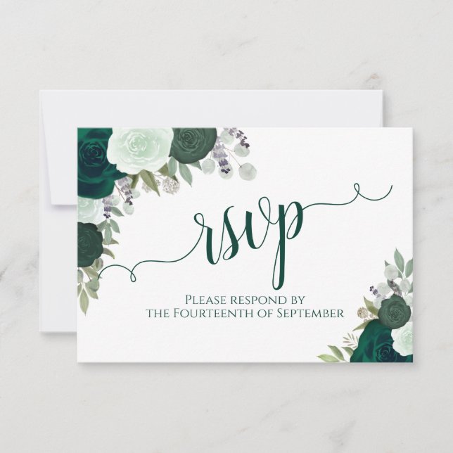 Elegant Emerald Green Floral Calligraphy Wedding RSVP Card (Front)