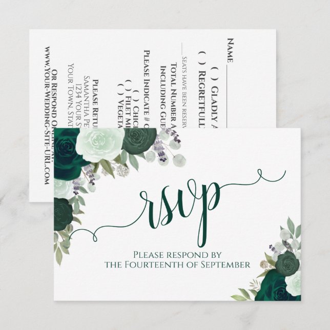 Elegant Emerald Green Floral Calligraphy Wedding RSVP Card (Front/Back)