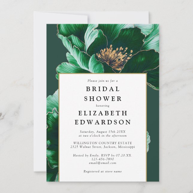 Elegant Emerald Green Floral Chic Bridal Shower Invitation (Front)