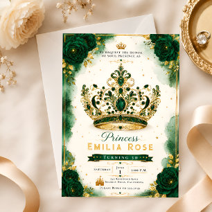 Elegant Emerald Green Floral Crown Birthday Invitation