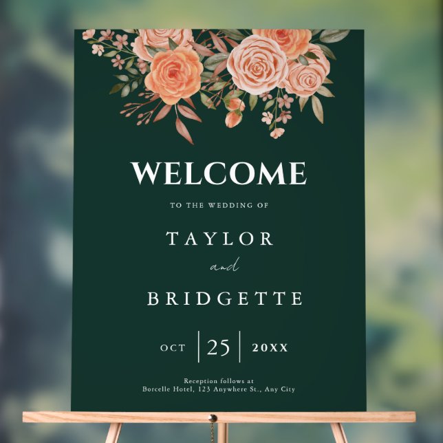Elegant Emerald Green Floral Fall Wedding Welcome  Acrylic Sign (Neutral)