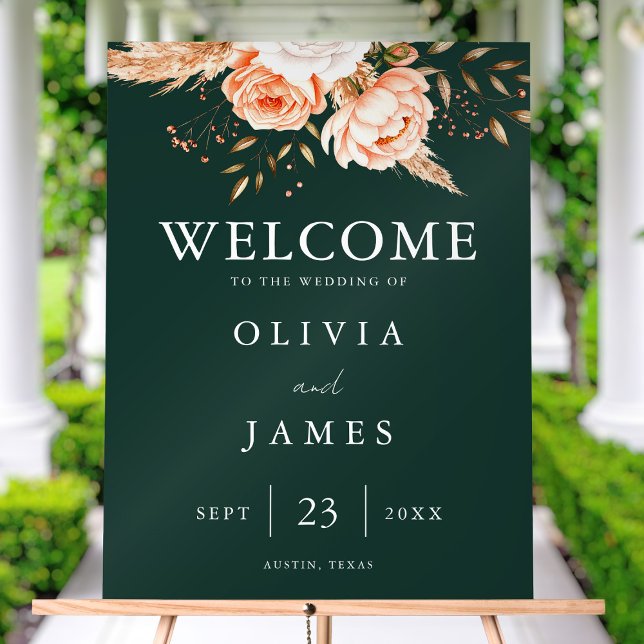 Elegant Emerald Green Floral Fall Wedding Welcome Acrylic Sign (Creator Uploaded)