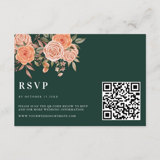 Elegant Emerald Green Floral Fall Wedding Welcome  Enclosure Card (Front)