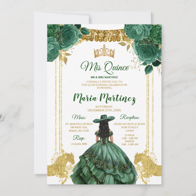 Elegant Emerald Green Floral Gold Horse Mis Quince Invitation (Front)