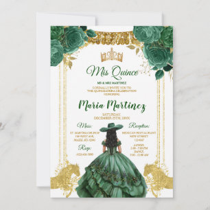 Elegant Emerald Green Floral Gold Horse Mis Quince Invitation
