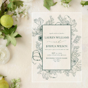 Elegant Emerald Green Floral Line Art Wedding Acrylic Invitations