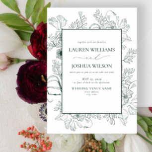 Elegant Emerald Green Floral Line Art Wedding  Invitation