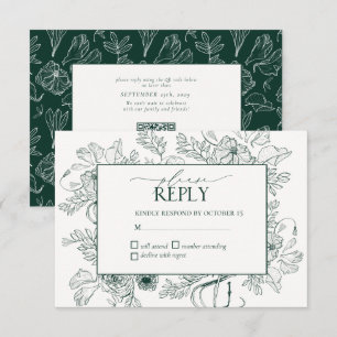 Elegant Emerald Green Floral Line Art Wedding RSVP Card