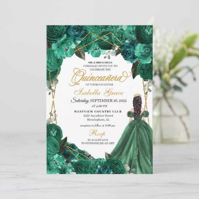 Elegant Emerald Green Floral Quinceanera Invitatio Invitation (Standing Front)