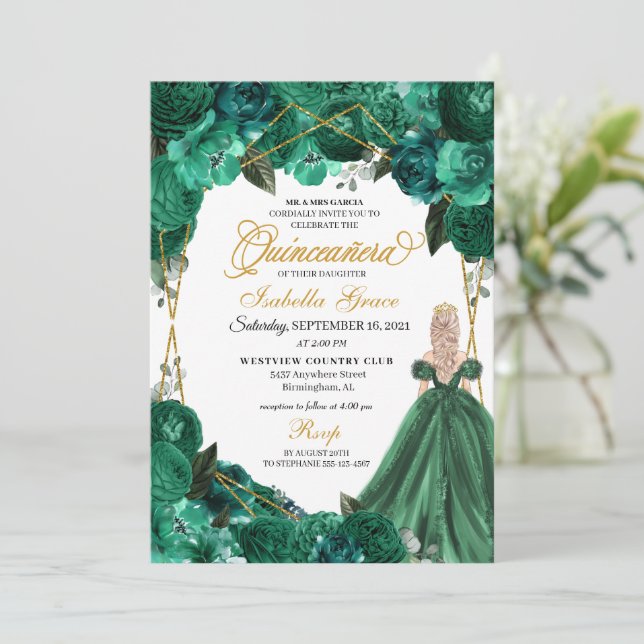 Elegant Emerald Green Floral Quinceanera Invitation (Standing Front)