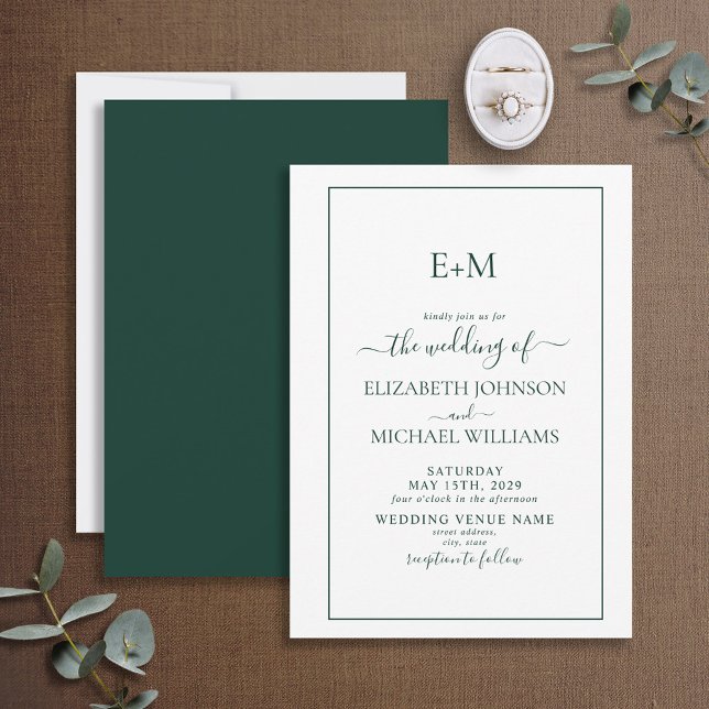 Elegant Emerald Green Formal Monogram Wedding Invitation (Creator Uploaded)