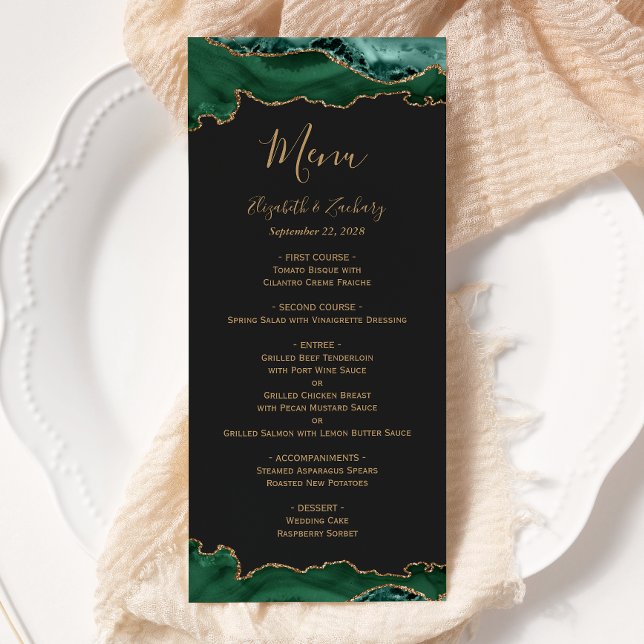 Elegant Emerald Green Gold Agate Dark Wedding Menu (Creator Uploaded)