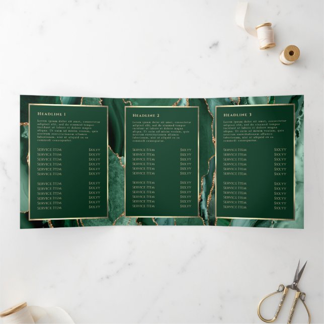 Elegant Emerald Green Gold Agate Trifold Brochure (Inside)