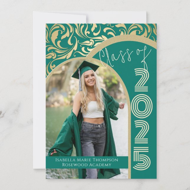 Elegant Emerald Green & Gold Arch Photo Graduation Invitation (Front)