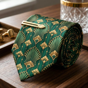 Elegant Emerald Green & Gold Art Deco Fan Tie