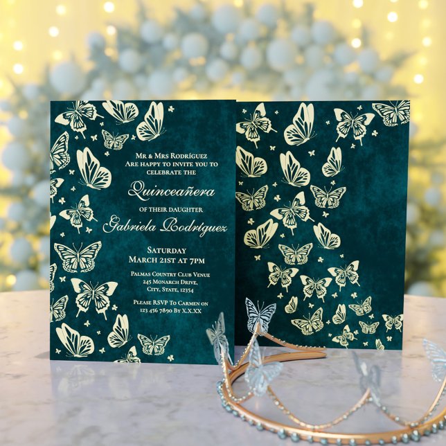 Elegant Emerald Green Gold Butterfly Quinceañera Invitation (Elegant Emerald Green Gold Butterfly Quinceañera Invitation)