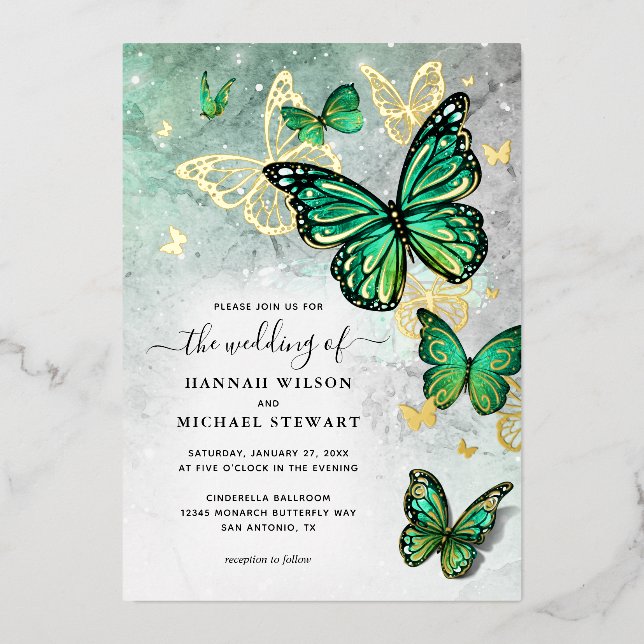 Elegant Emerald Green Gold Butterfly Wedding Real (Front)