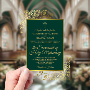 Elegant Emerald Green & Gold Catholic Wedding Acrylic Invitations