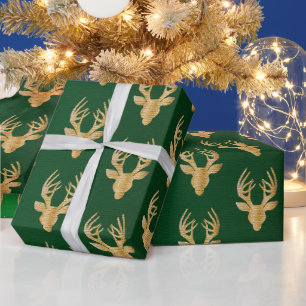 Elegant Emerald Green Gold Christmas Reindeer Gift Wrapping Paper