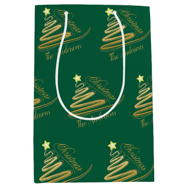 Elegant Emerald Green Gold Christmas Tree Custom Medium Gift Bag (Front)